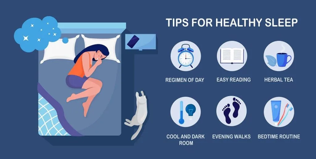 Useful tips and rules for healthy good sleep. Bedtime routine for peaceful dream, relax at night