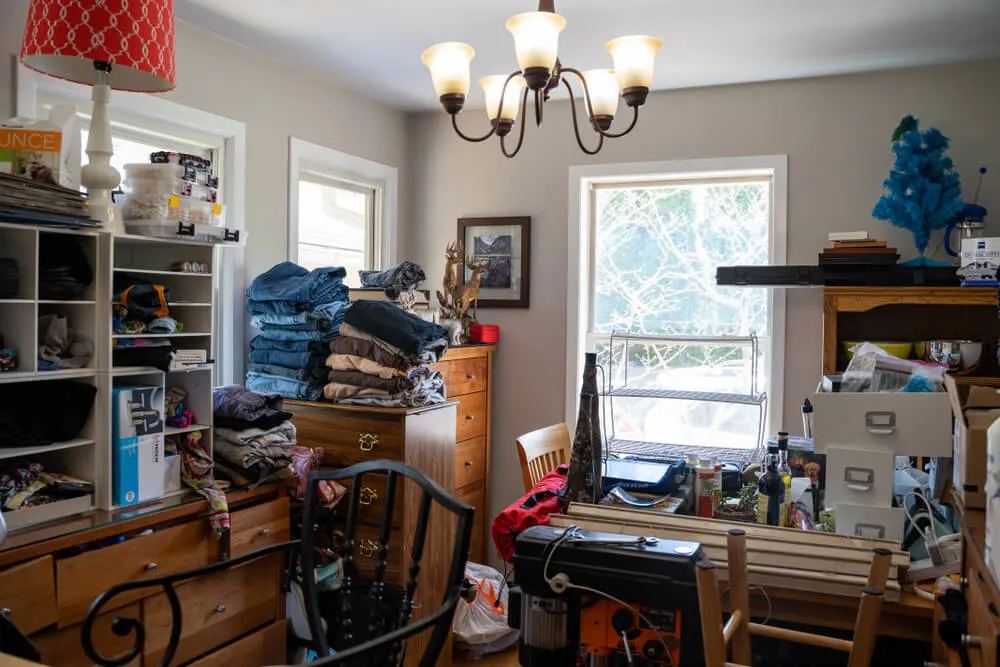 Overcrowded residential kitchen in a home filled with junk. Concept for hoarding house, messy home, remodeling