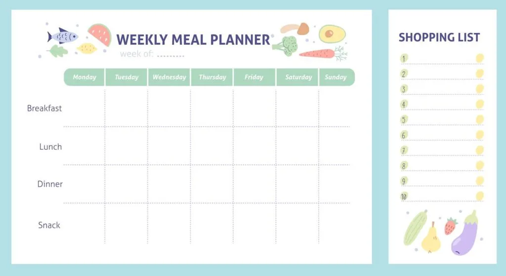 Weekly meal planner and shopping list for organize