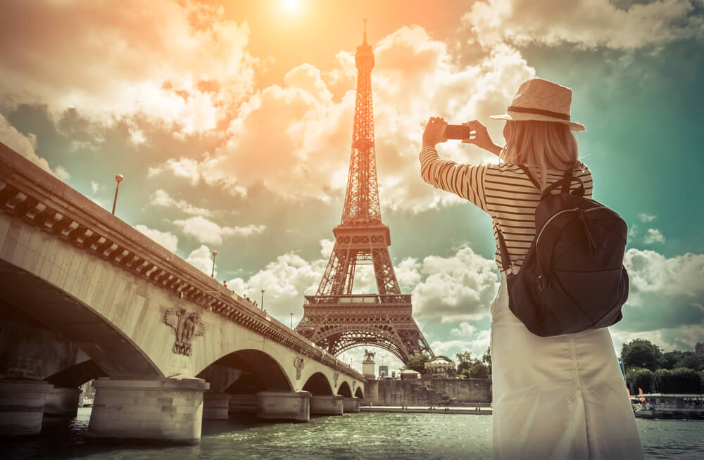 Woman tourist selfie near the Eiffel tower in Paris