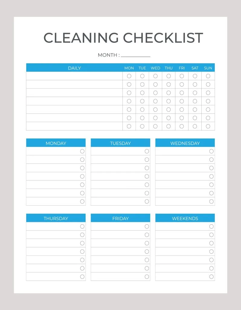 Weekly Cleaning Checklist Schedule printable